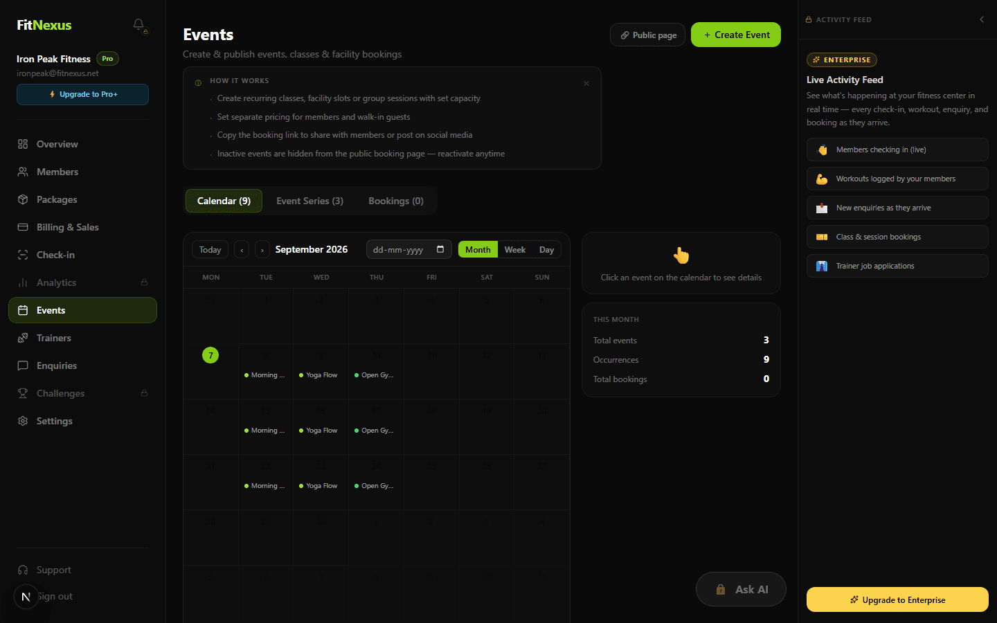 FitNexus Events dashboard showing a gym's class schedule calendar with recurring bookings