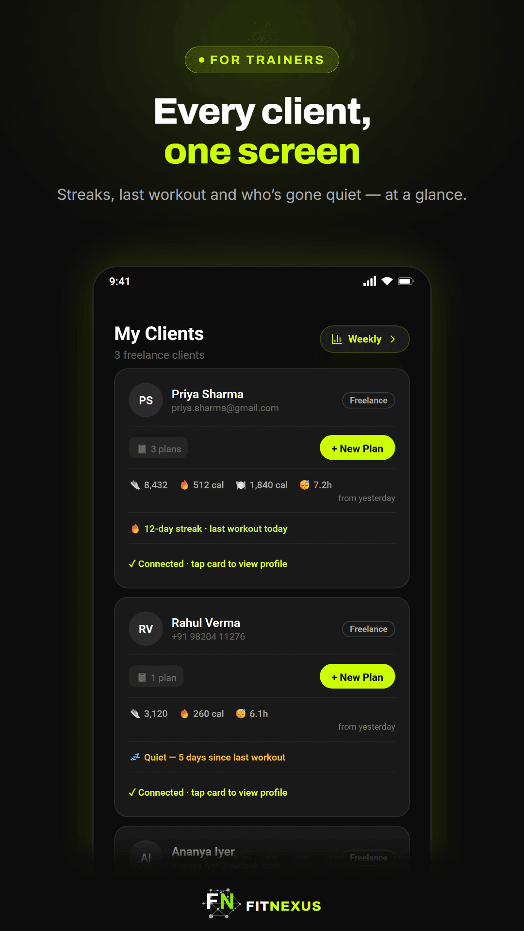 FitNexus trainer mobile app showing the My Clients screen with streaks, last workout, and engagement status for each client