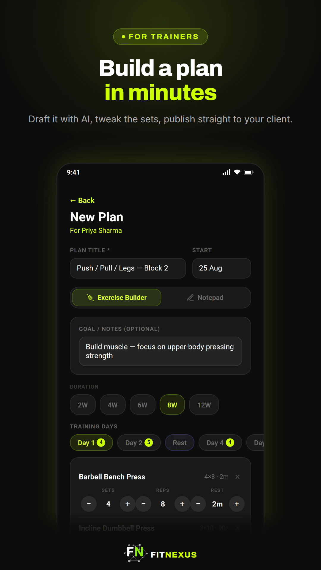 FitNexus trainer mobile app showing the AI-assisted workout plan builder with exercise sets, reps, and rest periods